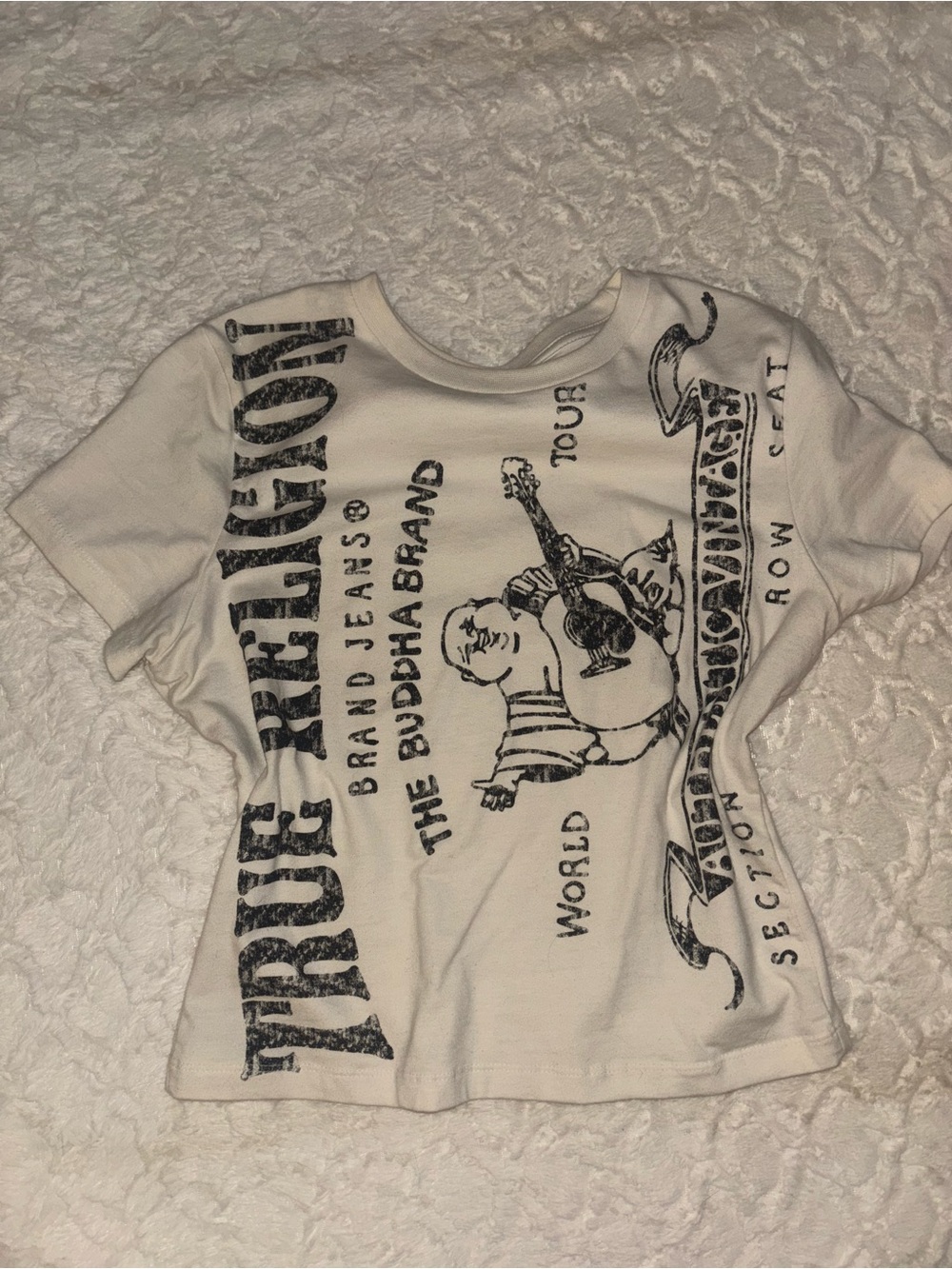 True Religion Women’s Cream Graphic Tee - Buddha Guitar Print Size S